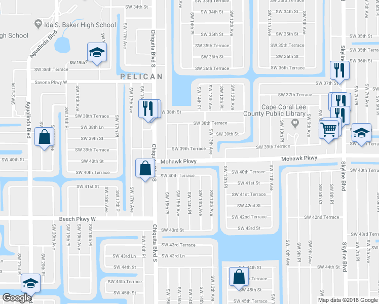 map of restaurants, bars, coffee shops, grocery stores, and more near 1414 Southwest 39th Terrace in Cape Coral