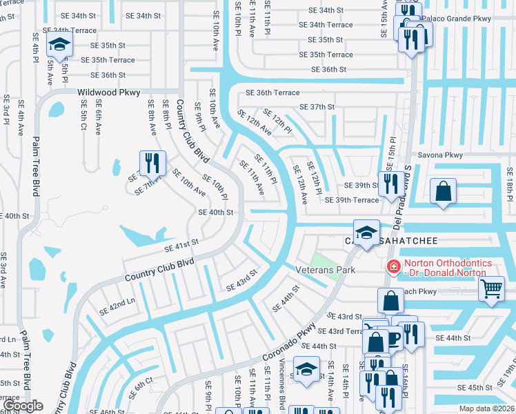 map of restaurants, bars, coffee shops, grocery stores, and more near 1108 Southeast 39th Terrace in Cape Coral