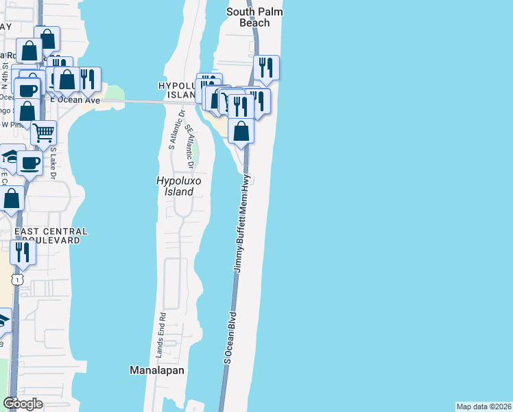 map of restaurants, bars, coffee shops, grocery stores, and more near 700 South Ocean Boulevard in Lantana