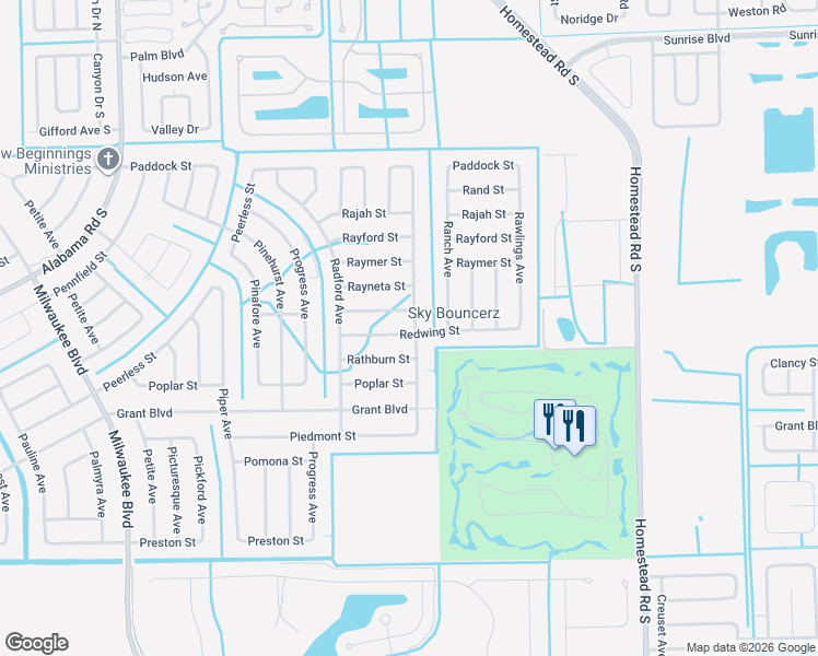 map of restaurants, bars, coffee shops, grocery stores, and more near 451 Redwing Street in Lehigh Acres