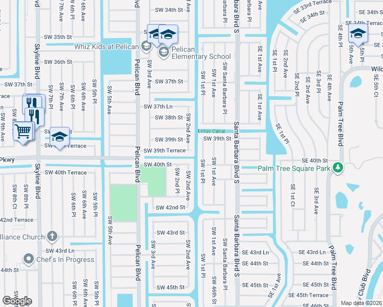 map of restaurants, bars, coffee shops, grocery stores, and more near 202 Southwest 39th Terrace in Cape Coral