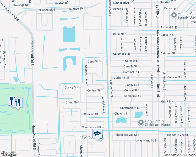 map of restaurants, bars, coffee shops, grocery stores, and more near 652 Cardinal Street East in Lehigh Acres