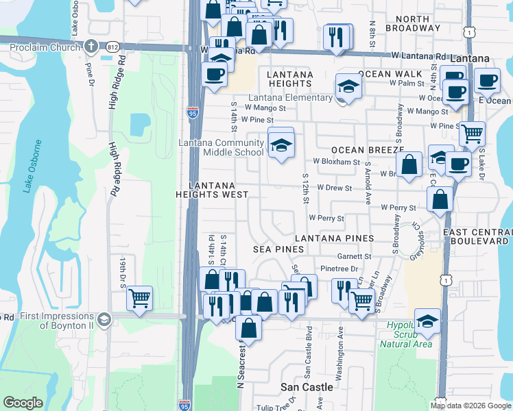 map of restaurants, bars, coffee shops, grocery stores, and more near 725 Palama Way in Lantana