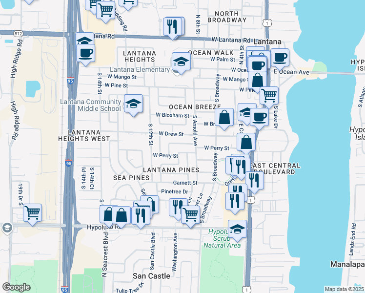 map of restaurants, bars, coffee shops, grocery stores, and more near 910 West Duval Street in Lantana