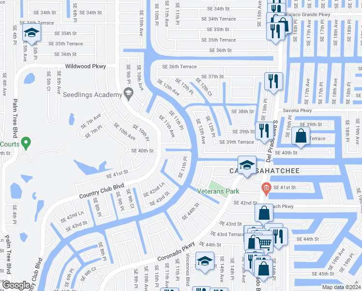 map of restaurants, bars, coffee shops, grocery stores, and more near 1108 Southeast 39th Terrace in Cape Coral