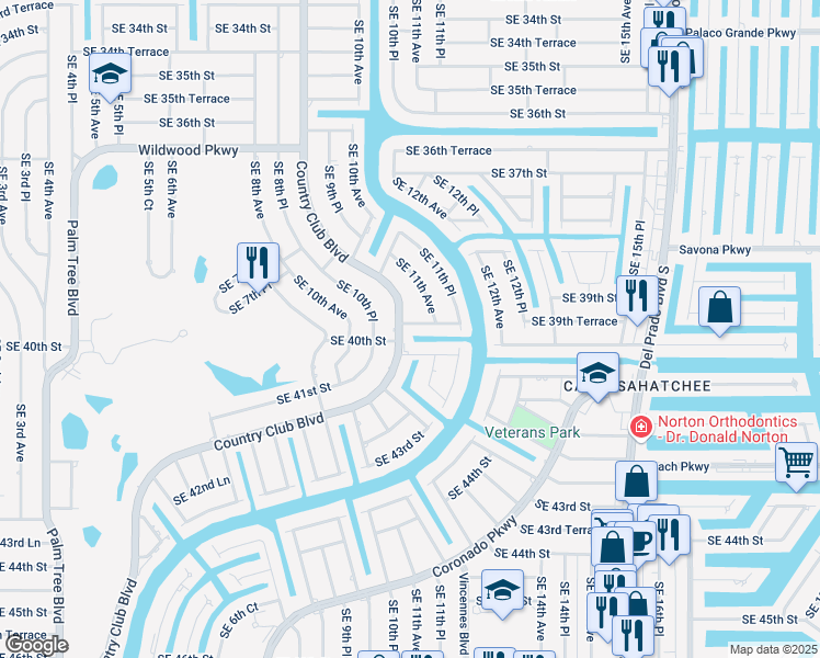 map of restaurants, bars, coffee shops, grocery stores, and more near 3935 Country Club Boulevard in Cape Coral