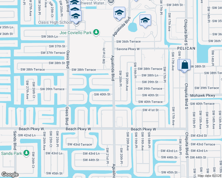 map of restaurants, bars, coffee shops, grocery stores, and more near 3924 Agualinda Boulevard in Cape Coral