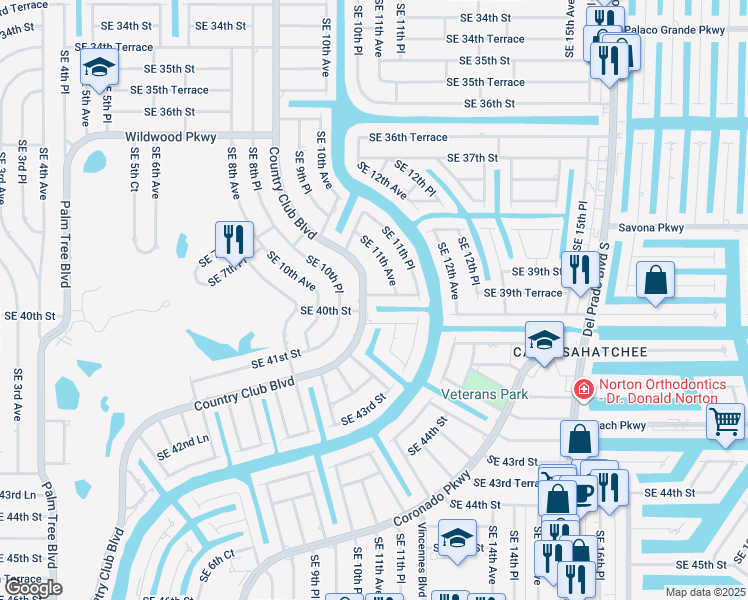 map of restaurants, bars, coffee shops, grocery stores, and more near 3935 Country Club Boulevard in Cape Coral