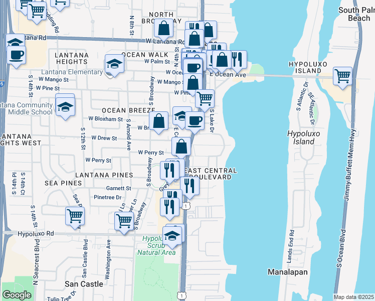 map of restaurants, bars, coffee shops, grocery stores, and more near 751 South Dixie Highway in Lantana