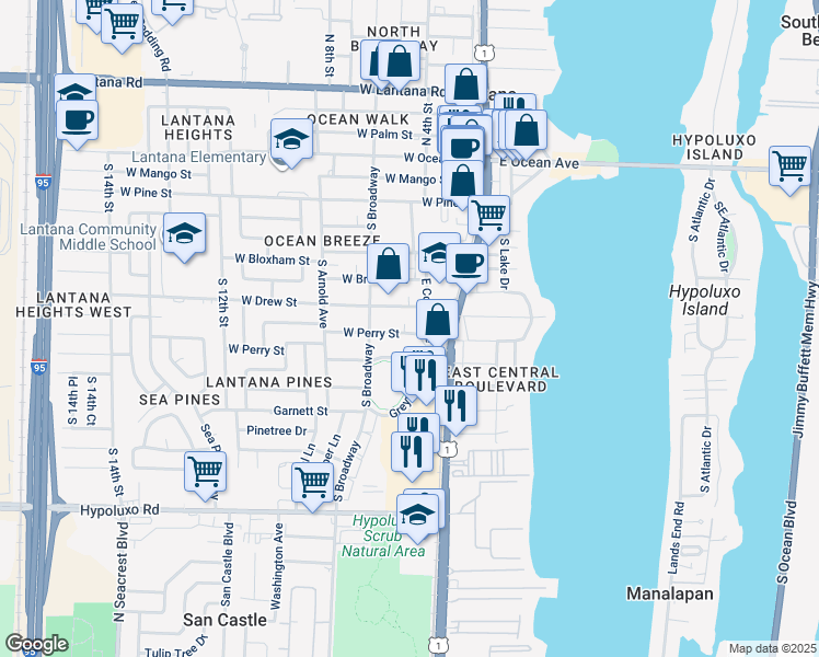 map of restaurants, bars, coffee shops, grocery stores, and more near 505 West Perry Street in Lantana