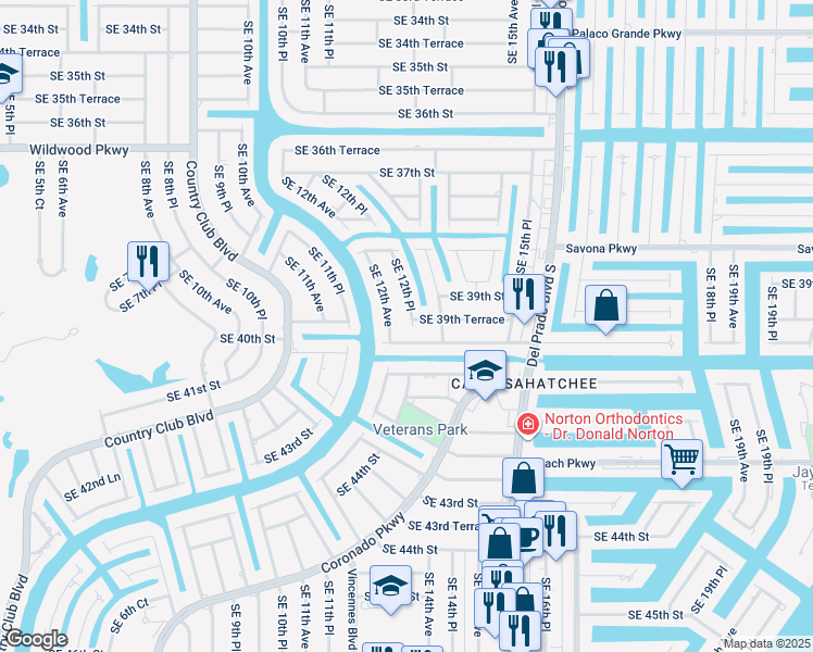 map of restaurants, bars, coffee shops, grocery stores, and more near 3920 Southeast 12th Place in Cape Coral