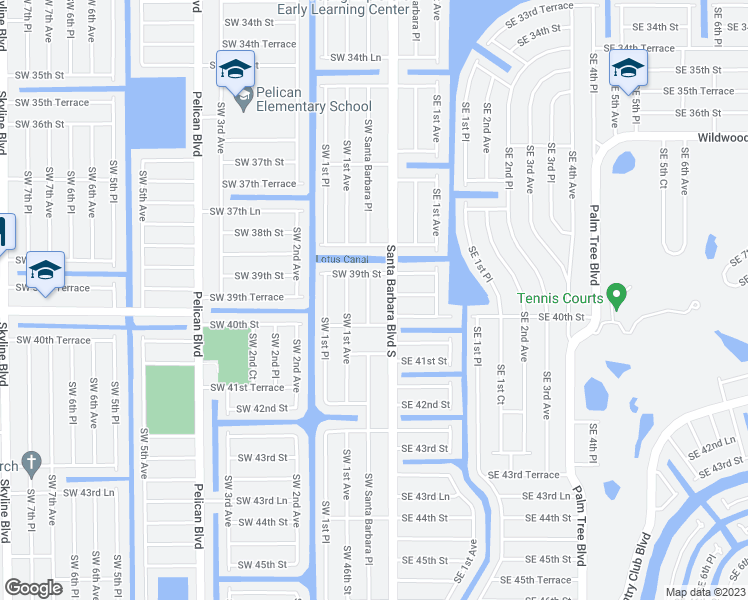 map of restaurants, bars, coffee shops, grocery stores, and more near 3917 Southwest Santa Barbara Place in Cape Coral