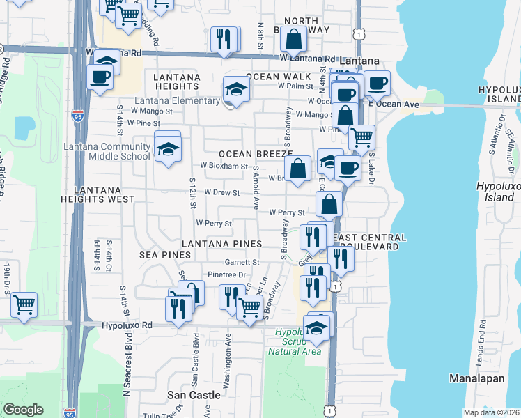 map of restaurants, bars, coffee shops, grocery stores, and more near 627 West Perry Street in Lantana