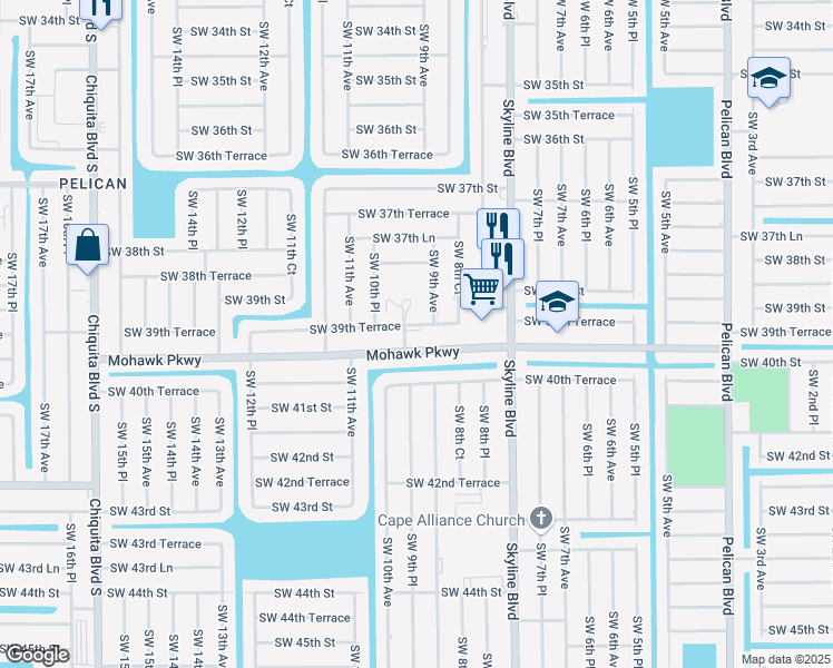 map of restaurants, bars, coffee shops, grocery stores, and more near 912 Southwest 39th Terrace in Cape Coral