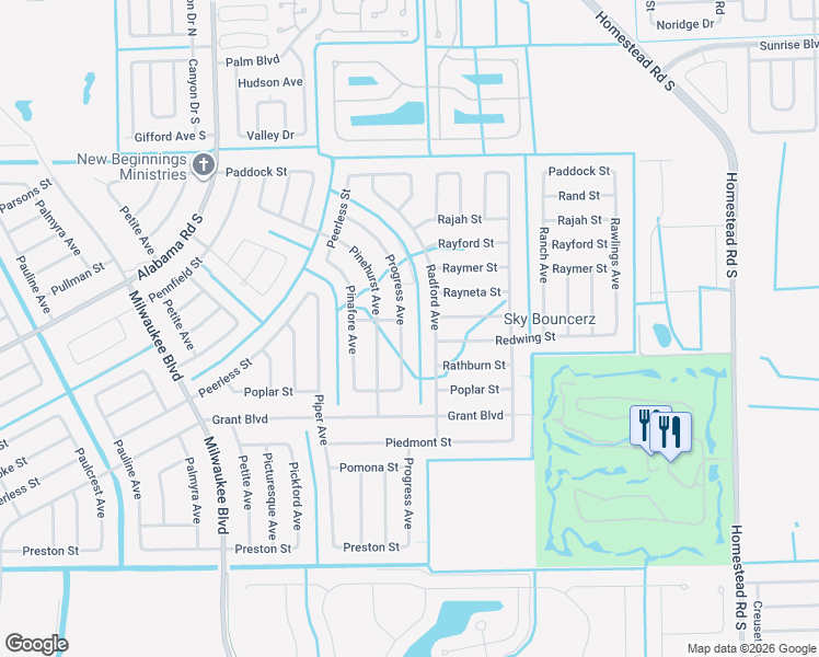map of restaurants, bars, coffee shops, grocery stores, and more near 354 Radford Avenue in Lehigh Acres