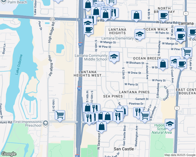 map of restaurants, bars, coffee shops, grocery stores, and more near 716 South 14th Street in Lantana