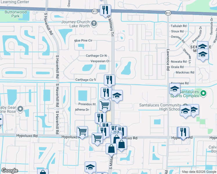 map of restaurants, bars, coffee shops, grocery stores, and more near 6385 South Military Trail in Lake Worth