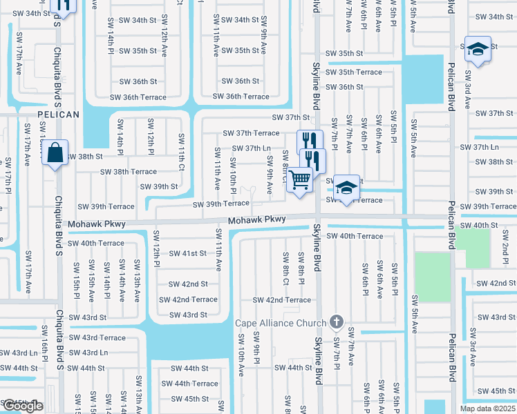 map of restaurants, bars, coffee shops, grocery stores, and more near 912 Southwest 39th Terrace in Cape Coral