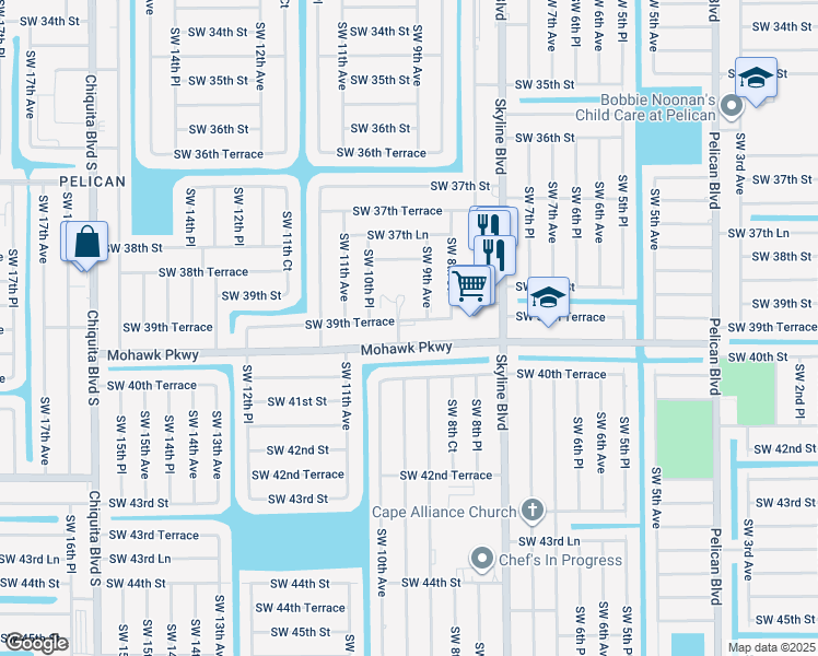 map of restaurants, bars, coffee shops, grocery stores, and more near 912 Southwest 39th Terrace in Cape Coral