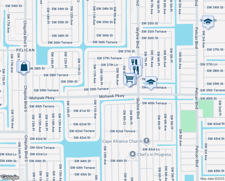 map of restaurants, bars, coffee shops, grocery stores, and more near 912 Southwest 39th Terrace in Cape Coral