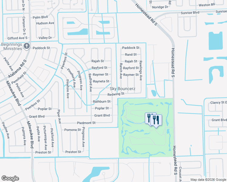 map of restaurants, bars, coffee shops, grocery stores, and more near 451 Redwing Street in Lehigh Acres
