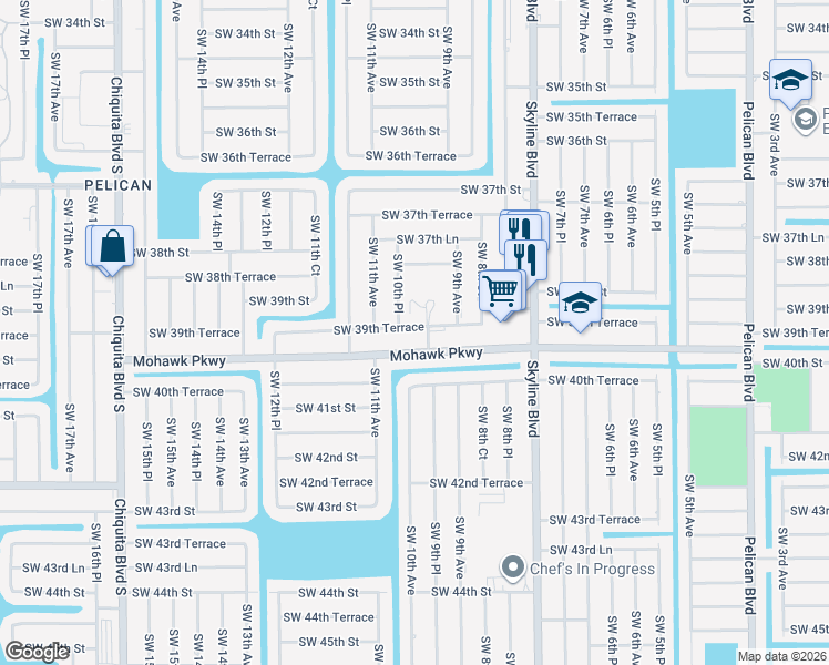 map of restaurants, bars, coffee shops, grocery stores, and more near 934 Southwest 39th Terrace in Cape Coral