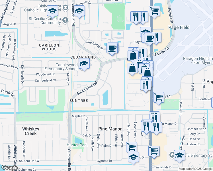 map of restaurants, bars, coffee shops, grocery stores, and more near 5249 Summerlin Commons Boulevard in Fort Myers