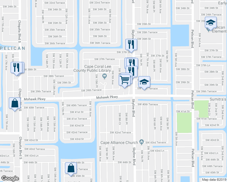 map of restaurants, bars, coffee shops, grocery stores, and more near 841 Mohawk Parkway in Cape Coral