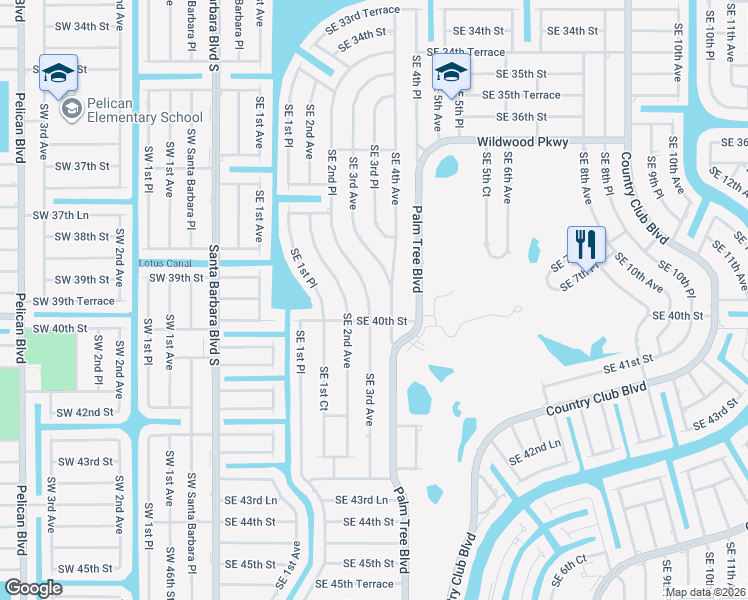 map of restaurants, bars, coffee shops, grocery stores, and more near 3925 Southeast 2nd Place in Cape Coral