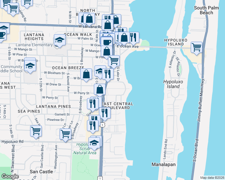 map of restaurants, bars, coffee shops, grocery stores, and more near 122 Euclid Boulevard in Lantana