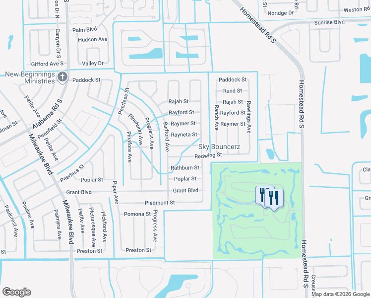 map of restaurants, bars, coffee shops, grocery stores, and more near 439 Redwing Street in Lehigh Acres