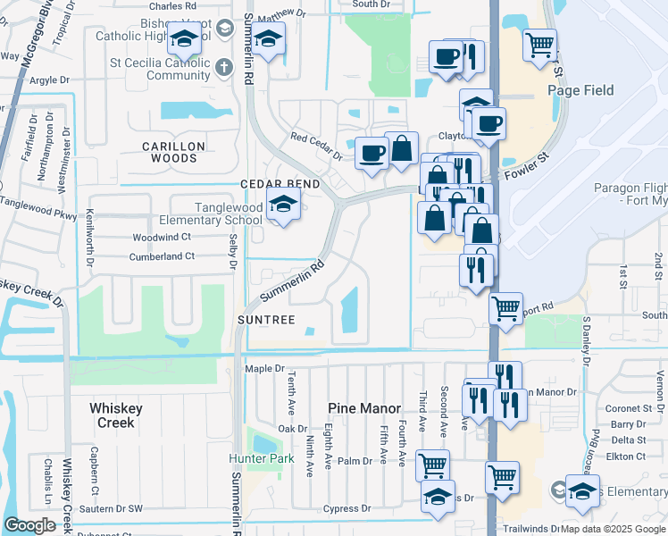map of restaurants, bars, coffee shops, grocery stores, and more near 5249 Summerlin Commons Boulevard in Fort Myers