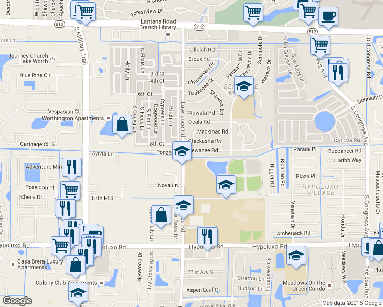 map of restaurants, bars, coffee shops, grocery stores, and more near 3958 Kewanee Road in Lake Worth