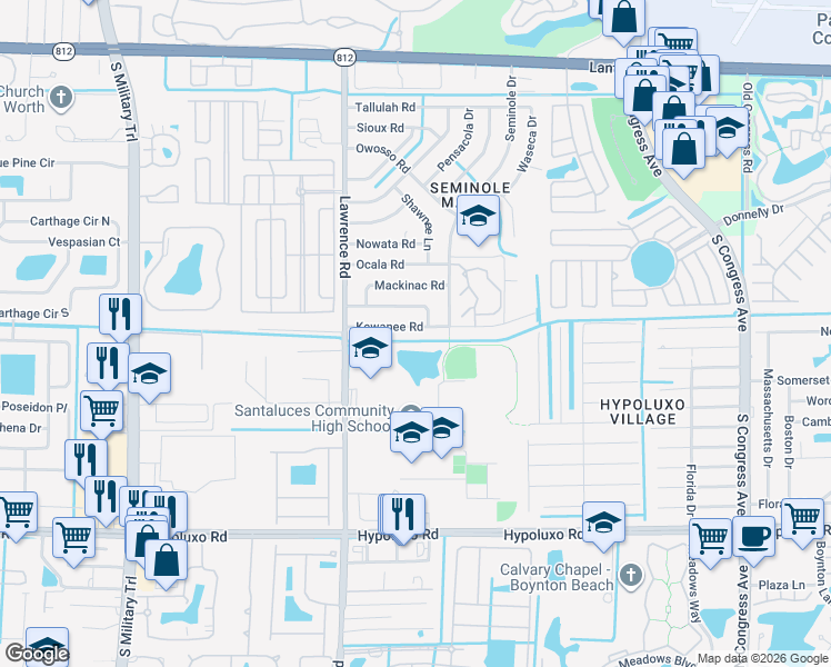 map of restaurants, bars, coffee shops, grocery stores, and more near 3856 Kewanee Road in Lake Worth