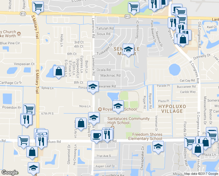map of restaurants, bars, coffee shops, grocery stores, and more near 3856 Kewanee Road in Lake Worth