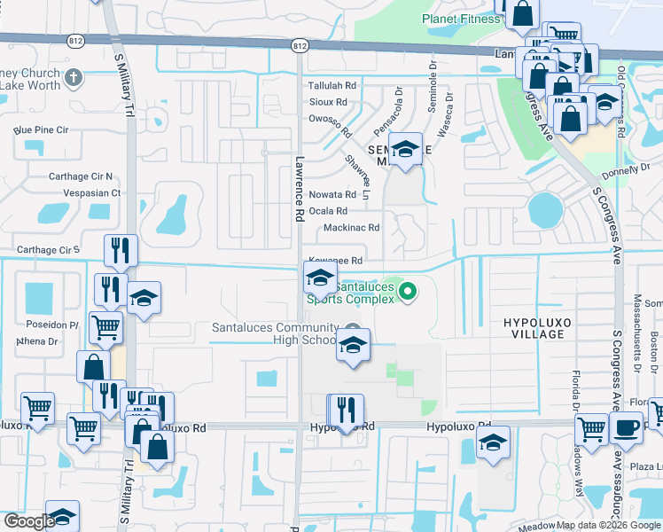 map of restaurants, bars, coffee shops, grocery stores, and more near 3906 Kewanee Road in Lake Worth