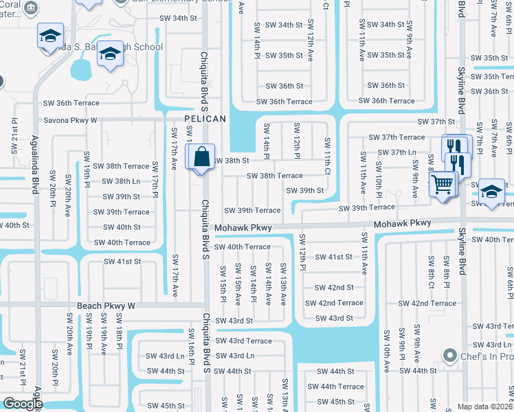 map of restaurants, bars, coffee shops, grocery stores, and more near 1406 Southwest 39th Terrace in Cape Coral