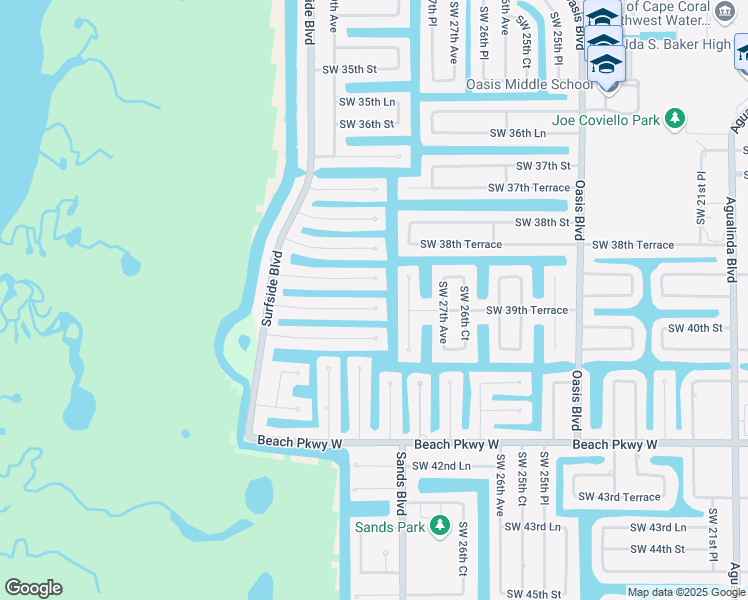 map of restaurants, bars, coffee shops, grocery stores, and more near 2814 Southwest 39th Terrace in Cape Coral