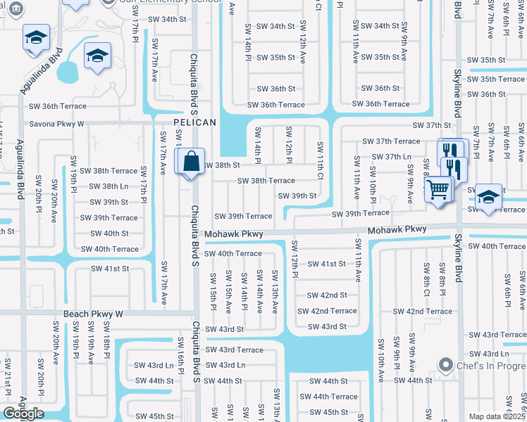 map of restaurants, bars, coffee shops, grocery stores, and more near 1406 Southwest 39th Terrace in Cape Coral