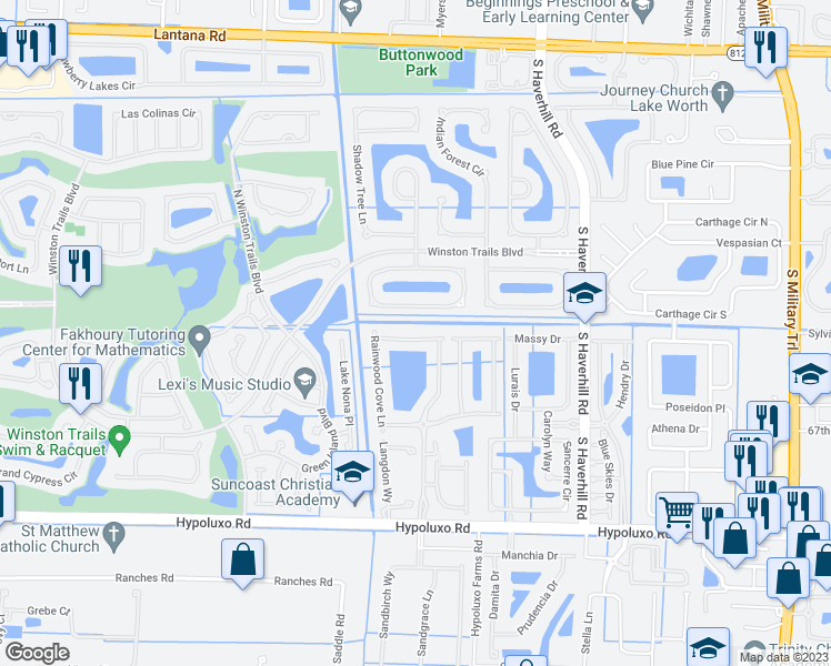 map of restaurants, bars, coffee shops, grocery stores, and more near 5381 Meadows Edge Drive in Lake Worth