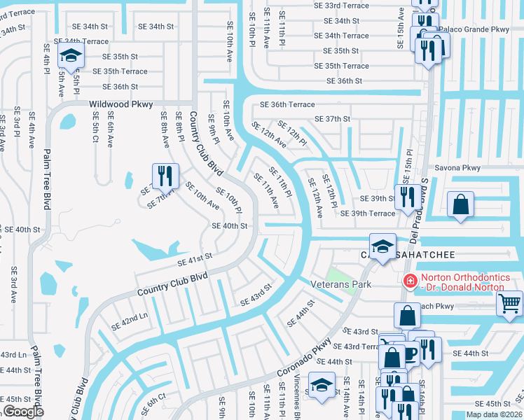 map of restaurants, bars, coffee shops, grocery stores, and more near 1017 Southeast 39th Terrace in Cape Coral