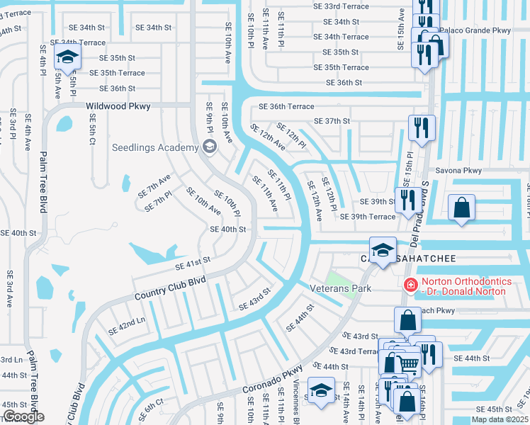 map of restaurants, bars, coffee shops, grocery stores, and more near 3935 Country Club Boulevard in Cape Coral