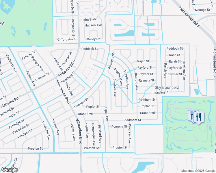 map of restaurants, bars, coffee shops, grocery stores, and more near 352 Piper Avenue in Lehigh Acres