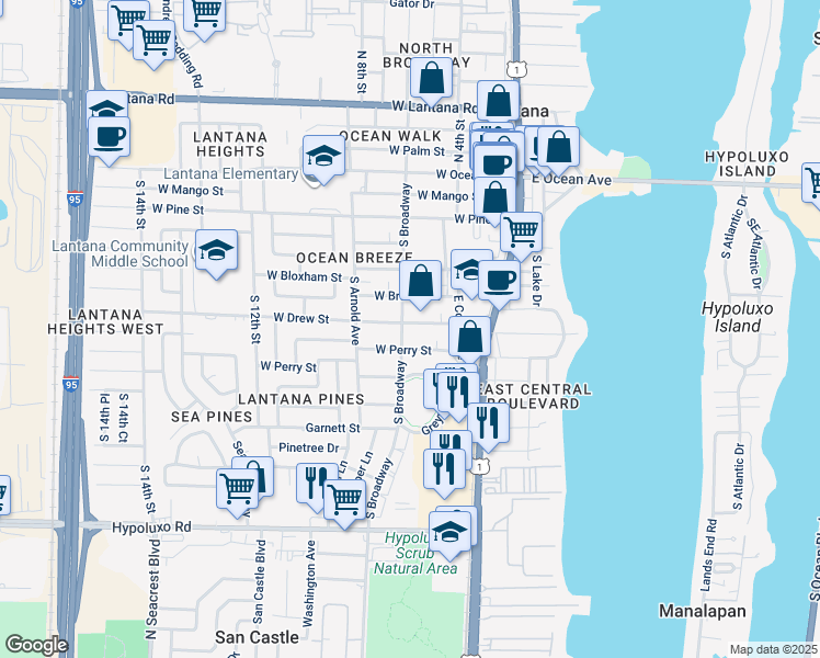 map of restaurants, bars, coffee shops, grocery stores, and more near in Lantana