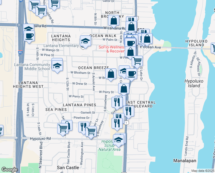 map of restaurants, bars, coffee shops, grocery stores, and more near in Lantana