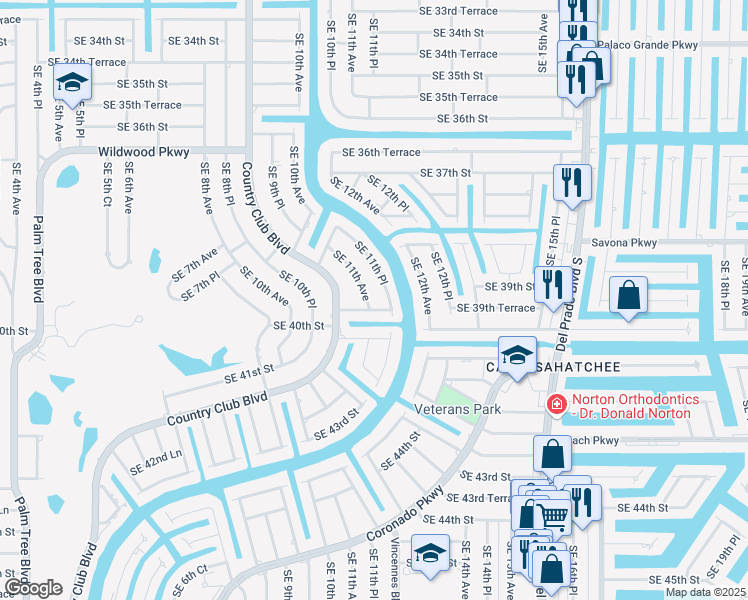map of restaurants, bars, coffee shops, grocery stores, and more near 1108 Southeast 39th Terrace in Cape Coral