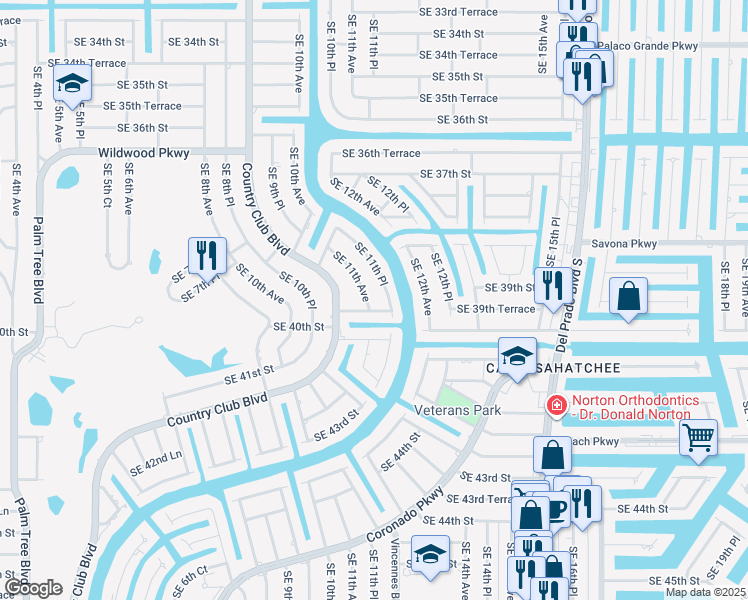map of restaurants, bars, coffee shops, grocery stores, and more near 3923 Southeast 11th Avenue in Cape Coral