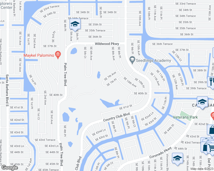 map of restaurants, bars, coffee shops, grocery stores, and more near 3859 Southeast 7th Place in Cape Coral