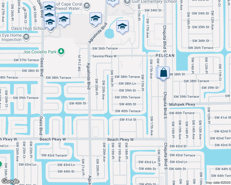 map of restaurants, bars, coffee shops, grocery stores, and more near 1910 Southwest 39th Terrace in Cape Coral