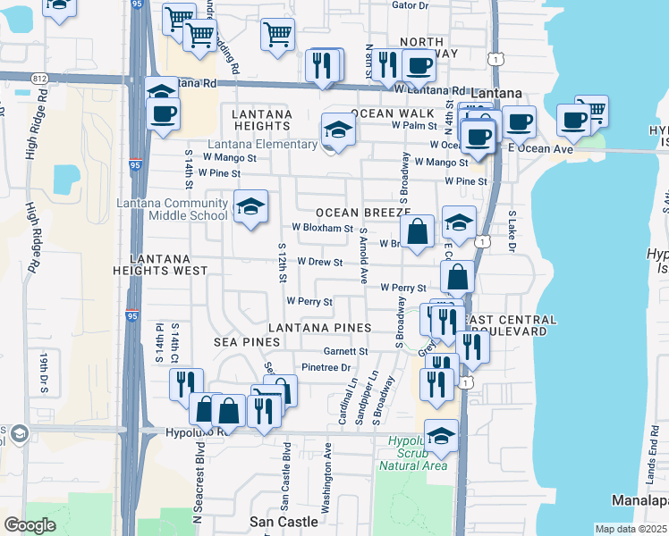 map of restaurants, bars, coffee shops, grocery stores, and more near 910 West Duval Street in Lantana